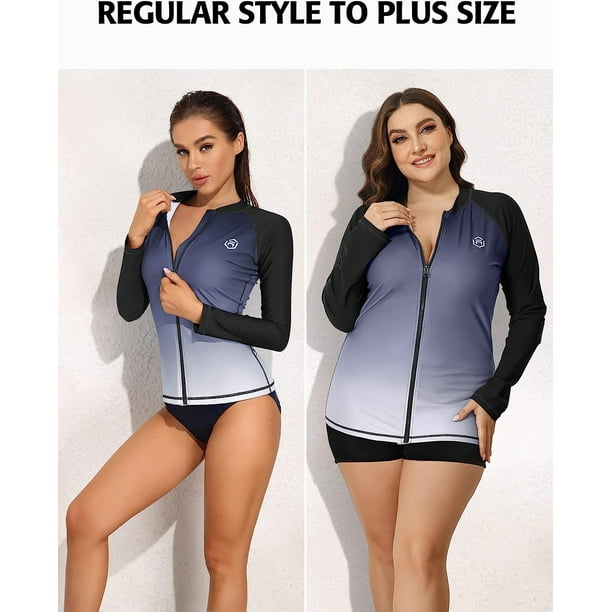 Women 4 Piece Rash Guard Long Sleeve Zipper Bathing Suit Tops