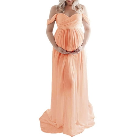 

Maxi Maternity Dress for Photography Off Shoulder Chiffon Gown Photoshoot Props Split Front Pregnancy Dresses