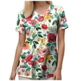 thumbnail image 3 of felwors Print Scrub Tops Women Floral Scrubs V Neck Short Sleeve Stretch Nurse Uniform with Pockets Functional Workwear (Watermelon Red, M), 3 of 5