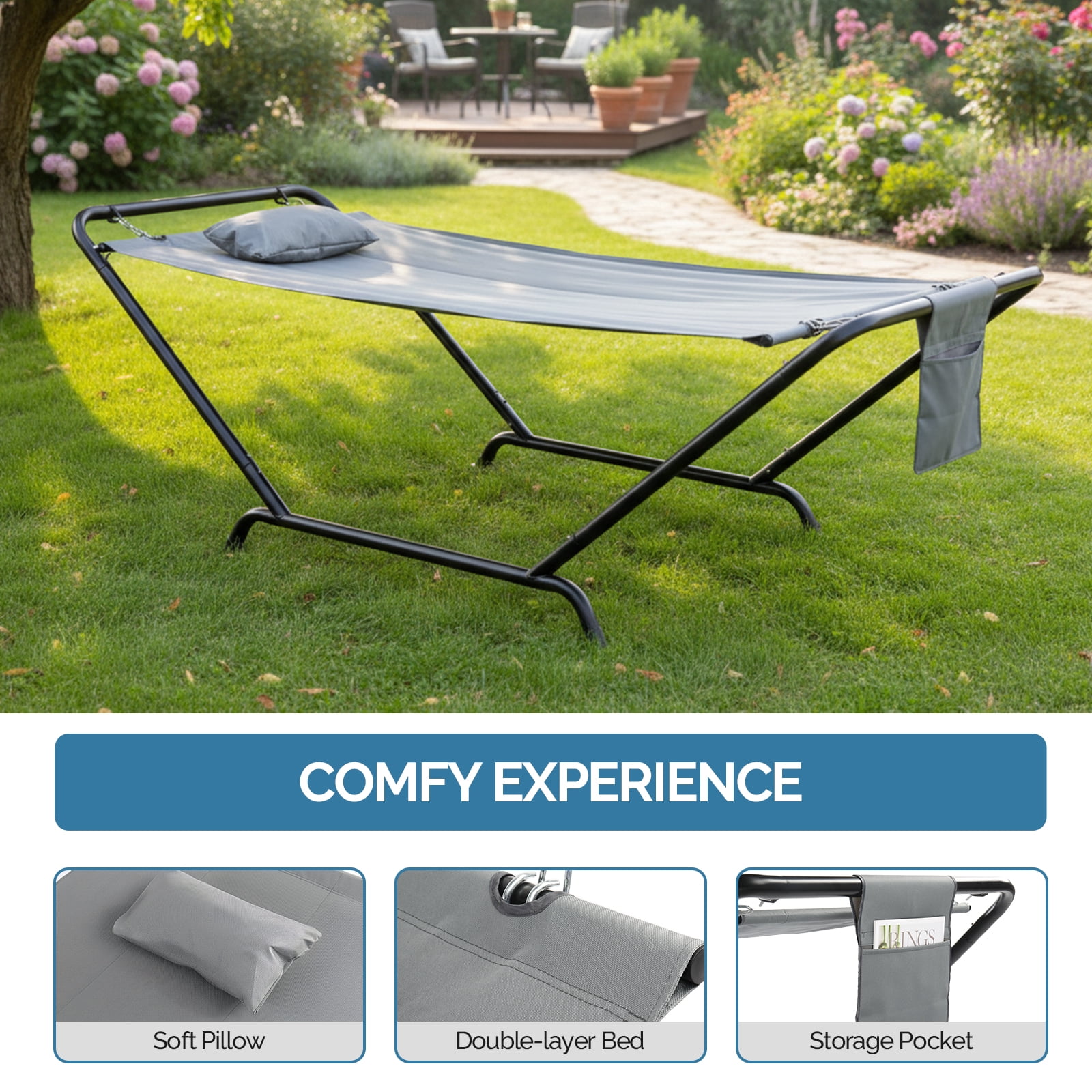 Freestanding Hammock with Stand 600LBS Heavy Duty Outdoor Hammock Bed with Soft Pillow and Storage Bag Grey