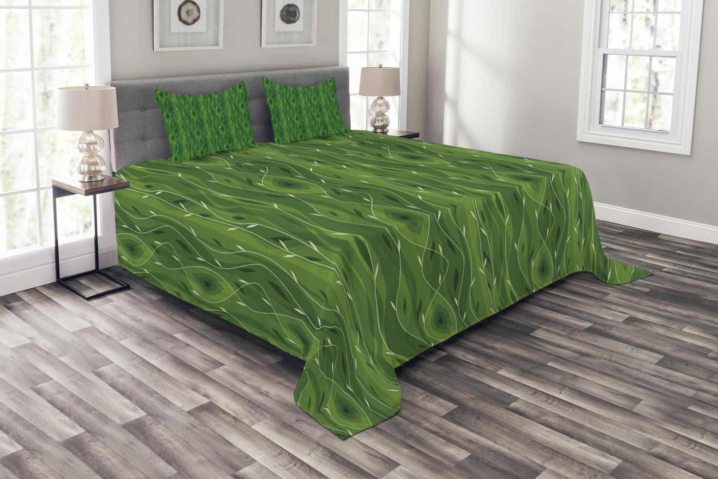Green Bedspread Set King Size, Retro Spring Freshness Themed Abstract
