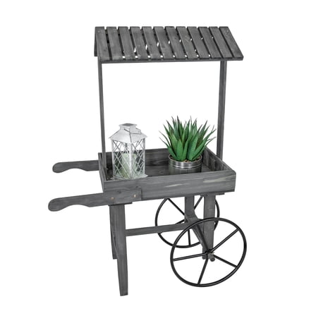 Sunnydaze Rustic 38.5" x 19" x 50" Gray Fir Wood Flower Cart Plant Stand with Wheels