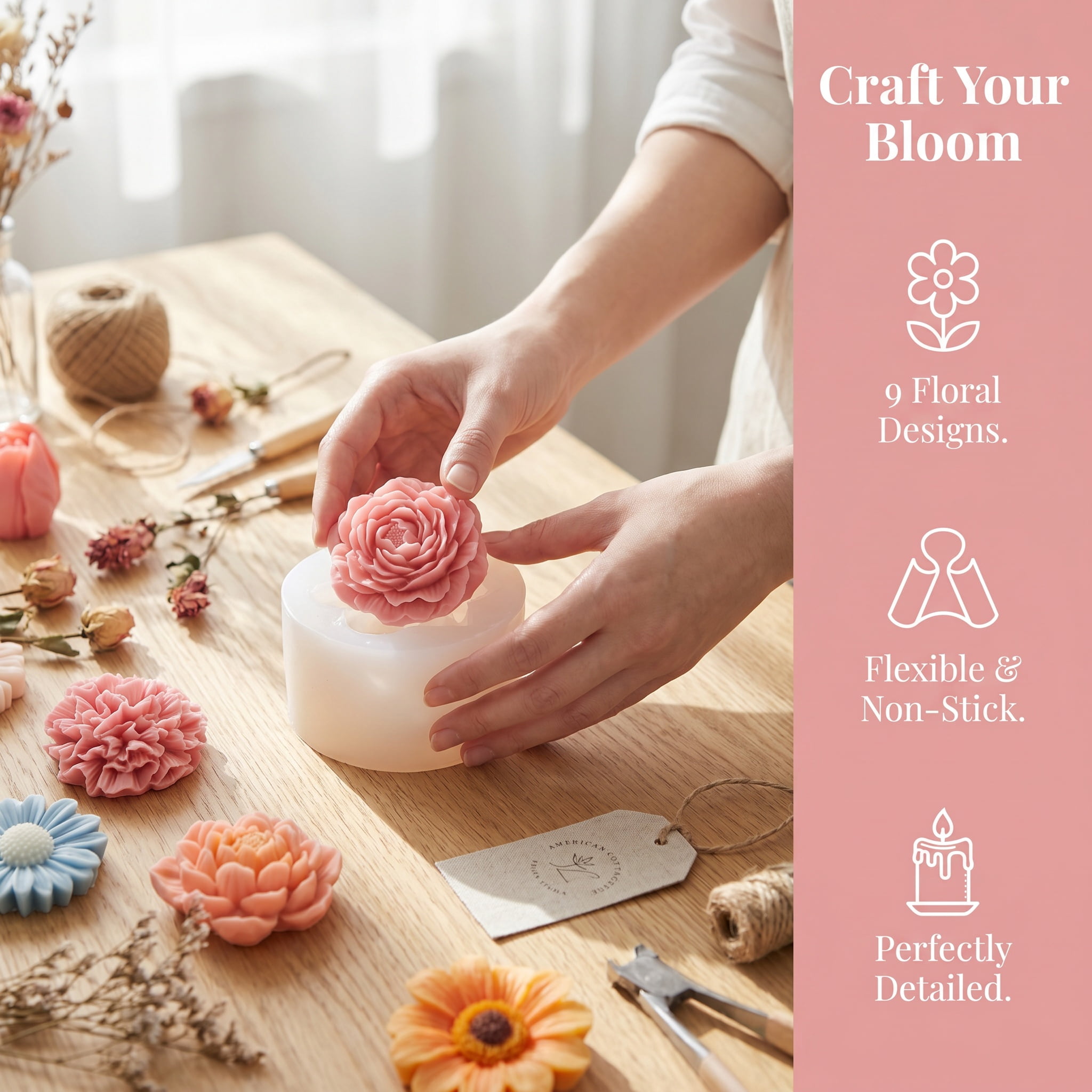 9 Pcs Flower Silicone Molds Kit with 100 Candle Wicks, Food Grade 3D Floral Molds for Candle Making, Soap, Chocolate, Wax Melts, Resin DIY Crafts