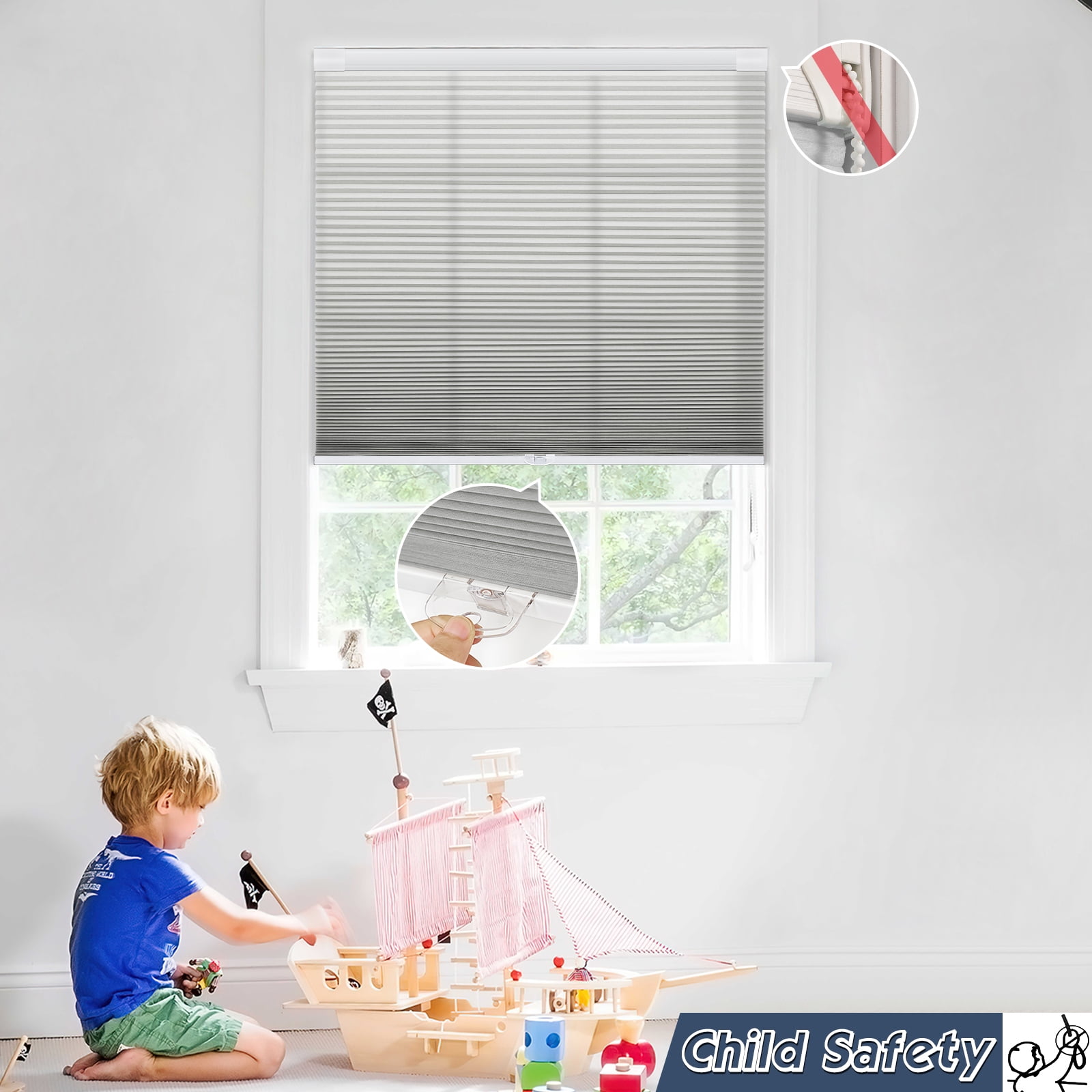 Keego No Drilling Cordless Cellular Shades Honeycomb Window Blinds Easy Installation Heat Insulating Noise Reducing Curtains Semi-Blackout Silver, 48.5"w x 66"h