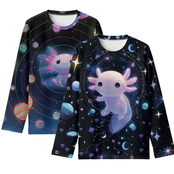 Psesaysky Galaxy Axolotl Girls Basic Long Sleeve Shirts 11-12 Years 2 Pack Crew Neck Top Kids Layering Tees Casual Soft Pullover T-Shirts