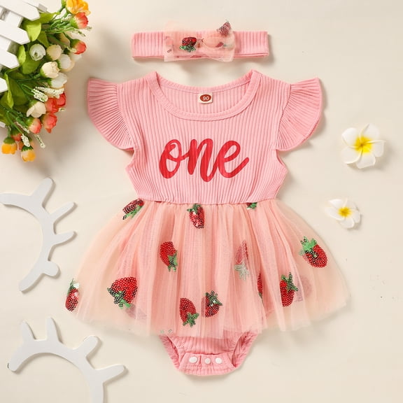 ZEHJUHAN Girl's "ONE" Birthday Princess Dress Set: Ribbed Knit Tulle Romper with Headband, Sequin & Ruffle Detail Pink,9-12M(90)