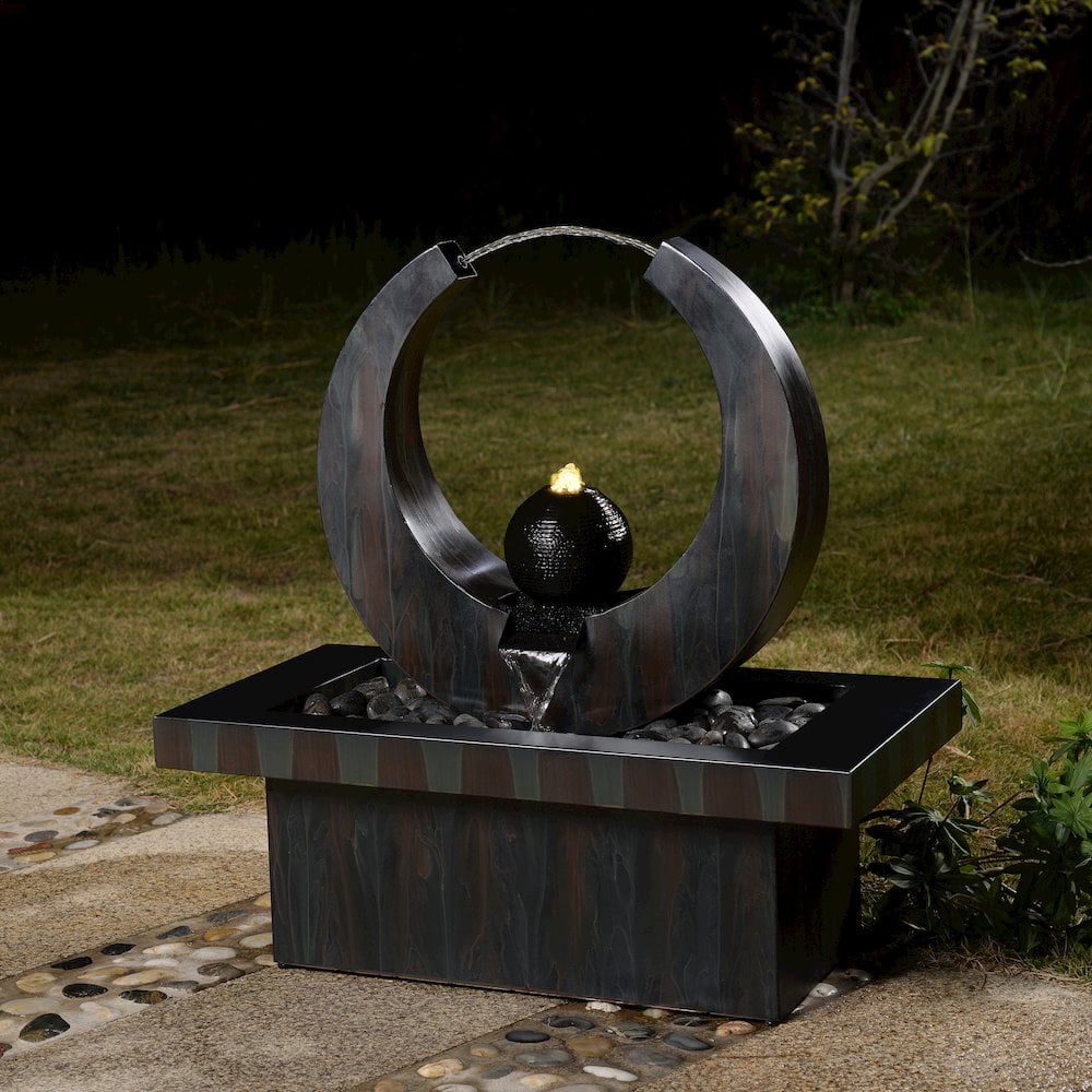 Hi-Line Gift LED Lights Zinc Metal Fountain with LED Lights Outdoor, Rusty Gray