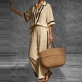 thumbnail image 5 of BRELIL Women Plus Size Two Piece Sets V Neck Short Sleeve Shirt Wide Leg Long Pants Casual Lounge Solid Boho Vacation Travel Outfits Fall Summer Tracksuit, Khaki 3XL, 5 of 8