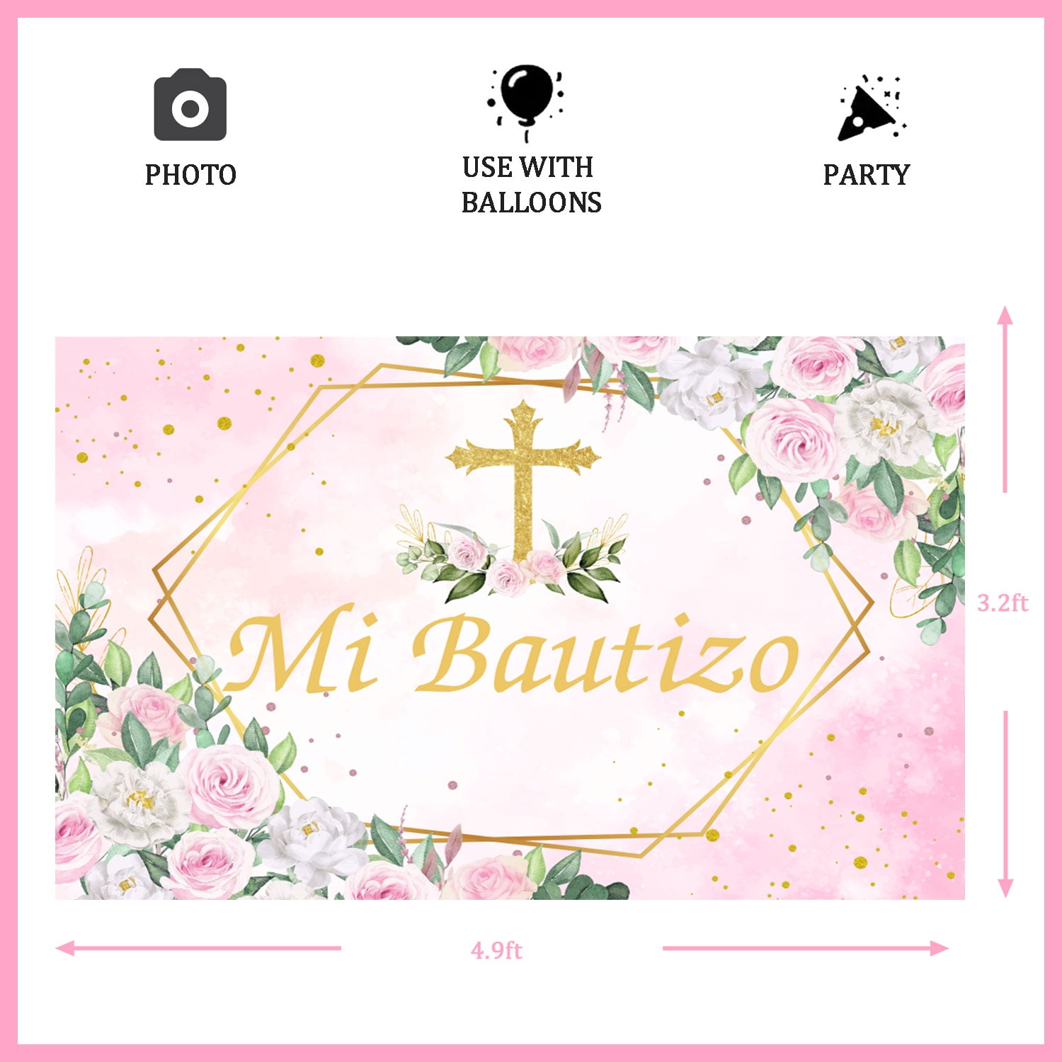 Mi Bautizo Backdrop Girl Baptism Christening Pink and Green Floral Gold Glitter Cross God Bless Photography Background Photo Banner Baby Shower Photo Studio Booth Props