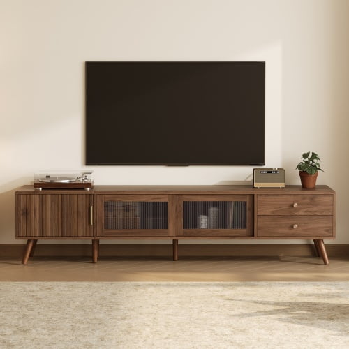 Modern TV Stand for TVs up to 85 Inch with Glass Doors and Storage Cabinets, Wood Grain Entertainment Center Media Console Table for Living Room, Natural