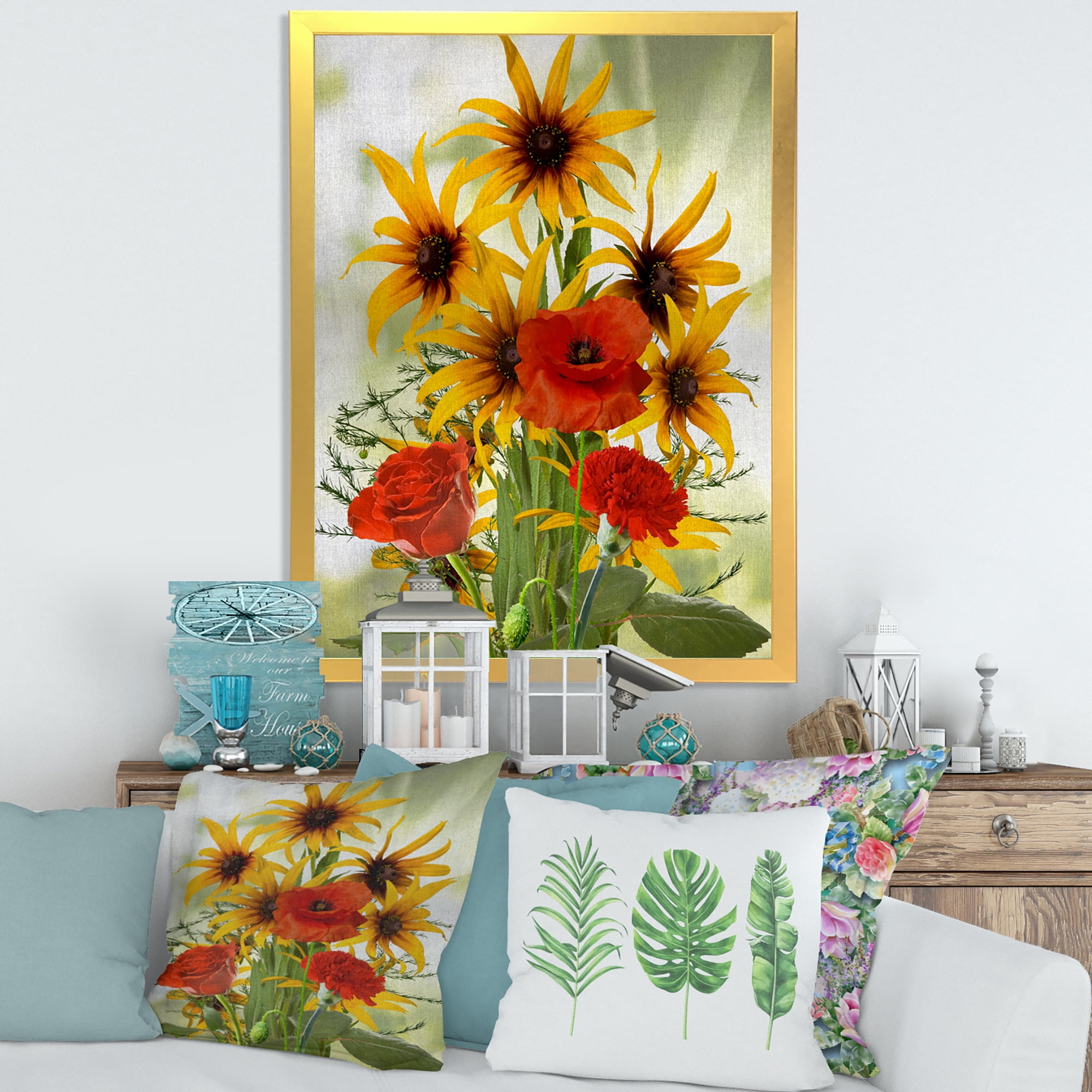 Designart 'Poppies and Sunflowers In The Wild' Traditional Framed Art Print