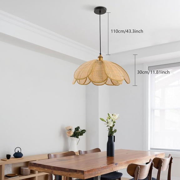 Woven Rattan Pendant Light, Bohemian Petal Chandelier Rustic Hanging Light Fixture with 19.7" Hand-Weaving Lampshade Rattan Ceiling Light for Kitchen Island Living Room Hallway