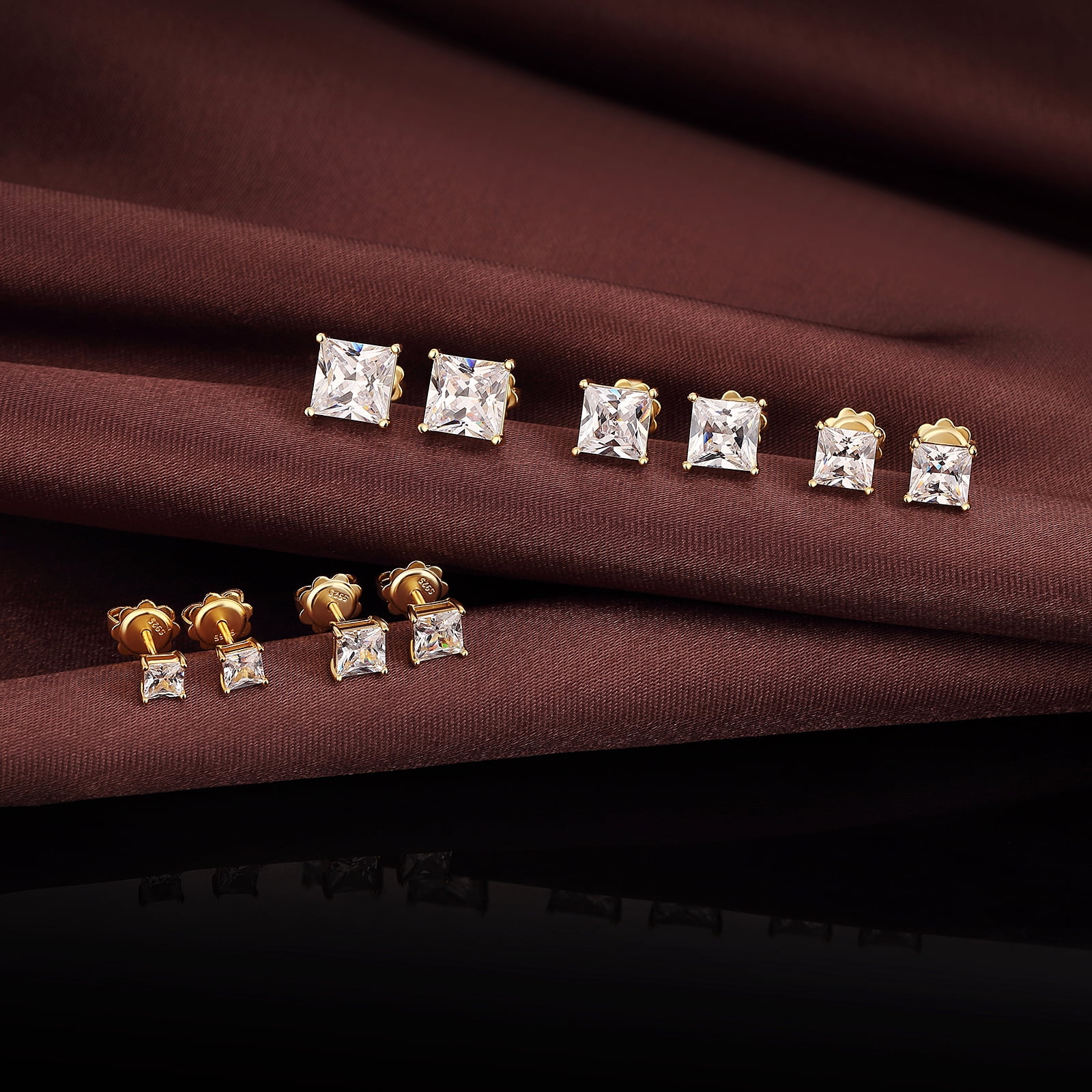 Jiamiaoi 18k White Gold Plated 925 Sterling Silver Sparkly Cubic Zirconia Stud Earrings Sets 4mm-8mm Circle Diamond Earrings Gold Square Stud Earrings Hypoallergenic