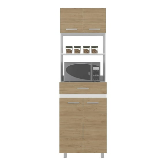 Depot E-Shop Beggs Kitchen Pantry, 4 Doors, 1 Drawer, 4 Legs, 4 Shelves, Natural Oak / White