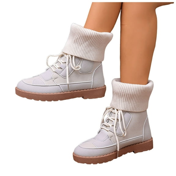 White Suede Flat Ankle Boots for Women Mid Calf Lace Up Fashion Fold Knit Ankle Cuff Combat Booties