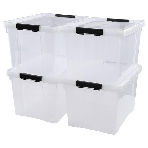34 Qt Clear Lidded Storage Bins, 4 Packs, Plastic Latching Box with Wheels