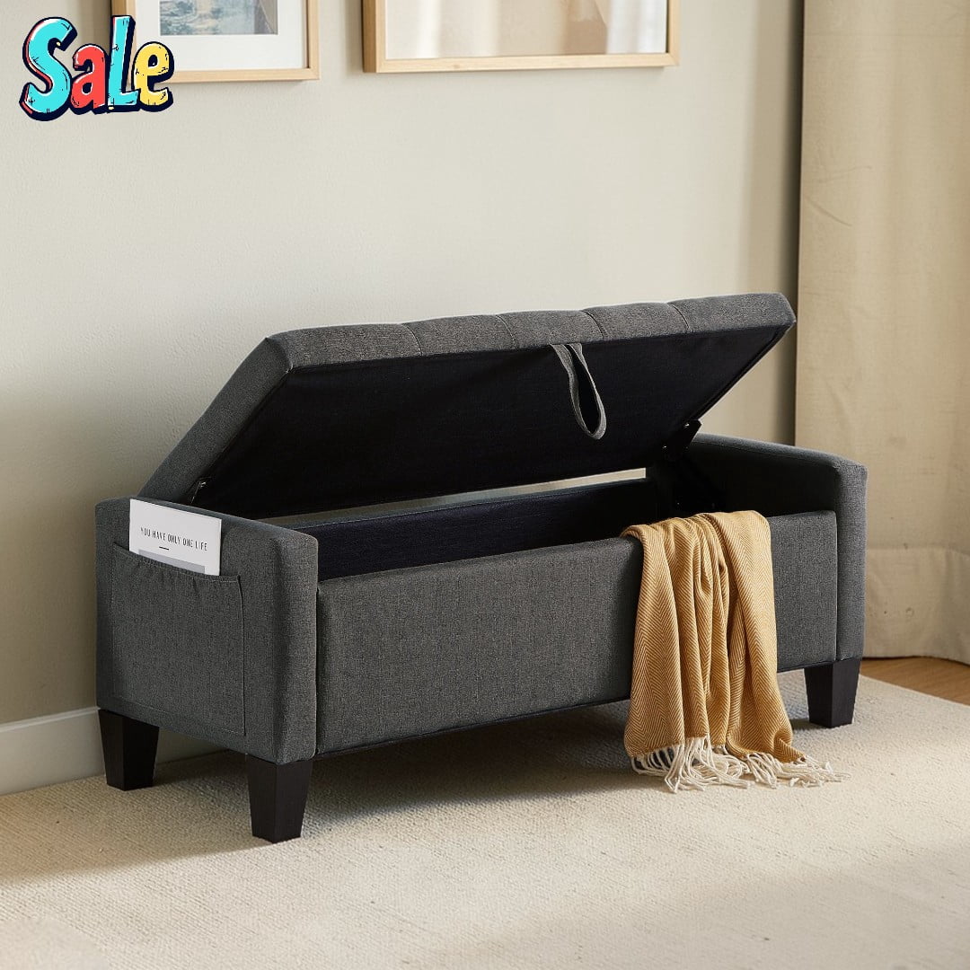 GZXS Multi-Functional Entryway Bench with Hidden Storage & Side Magazine Pocket - 45"L x 17"W x 17"H, Linen Fabric Upholstered Bench Ottoman with Tufted Cushion Seat, 350 lbs Capacity, Dark Gray