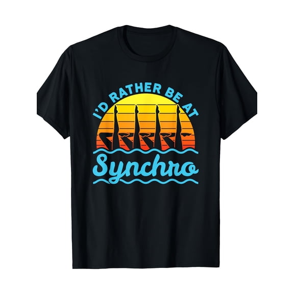Retro Synchro Swim Graphic Tee for Men - "I'd Rather Be Synchronized Swimming" Design, 100% Cotton, Short-Sleeve, Crew Neck, Casual Fit, Machine Washable, Black with Colorful Sunset