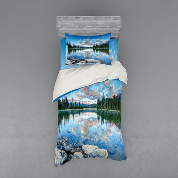 Ambesonne Nature Bedding Set 3 Pcs, Golden Sunrise Scenery, Twin, Blue Green