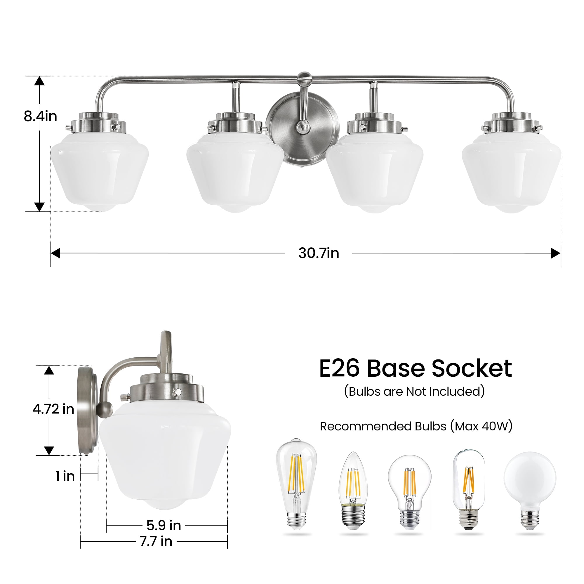 Bathroom Vanity Light Fixtures 4-Lights Brushed Nickel Vanity Lights Over Mirror, E26 40W Modern Bathroom Lighting Fixture with Milky White Glass for Bath Restroom