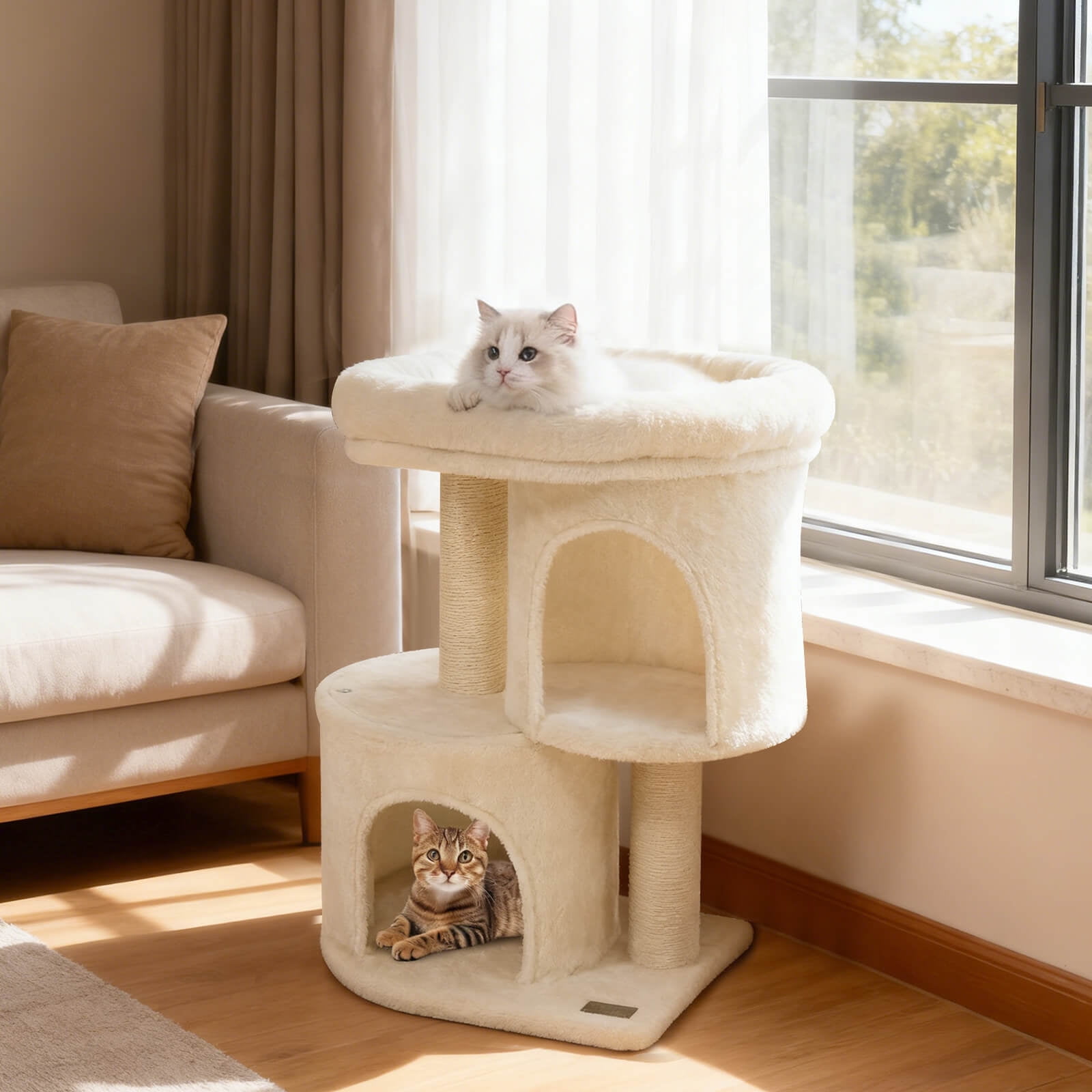 Costway 26” Small Cat Tree with Large Padded Plush Perch, 2 Condos, Sisal Scratching Posts Beige