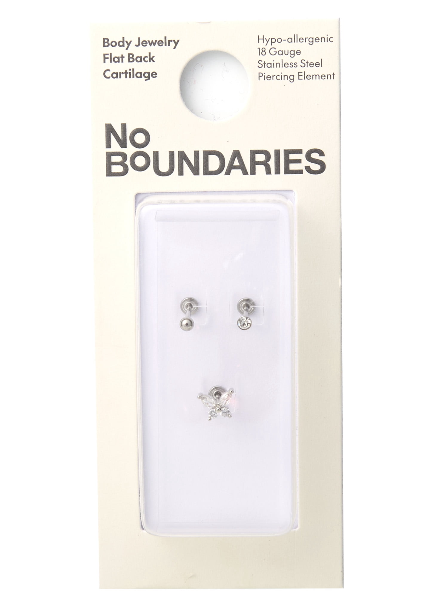 No Boundaries Women's 18G Stainless Steel Cartilage Piercing Set, 3-Piece Assorted Jewelry