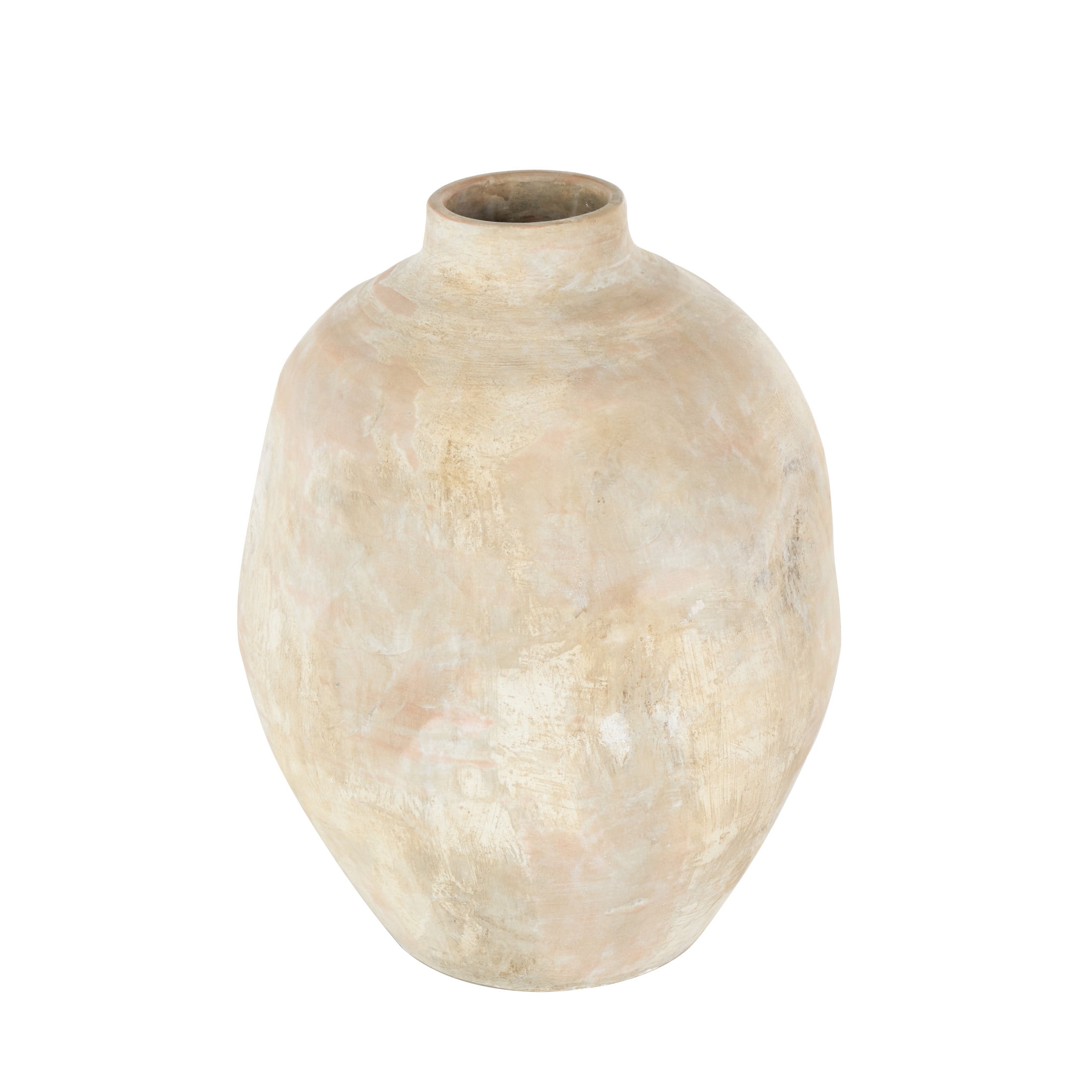 DecMode 14" Antique Wide Beige Ceramic Vase with Shades of Pink