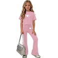 thumbnail image 3 of fatyb Girls Clothes 2 Piece Outfits Short Sleeve Tees Tops Flared Long Pants Kids Summer Casual Sets, 3 of 7