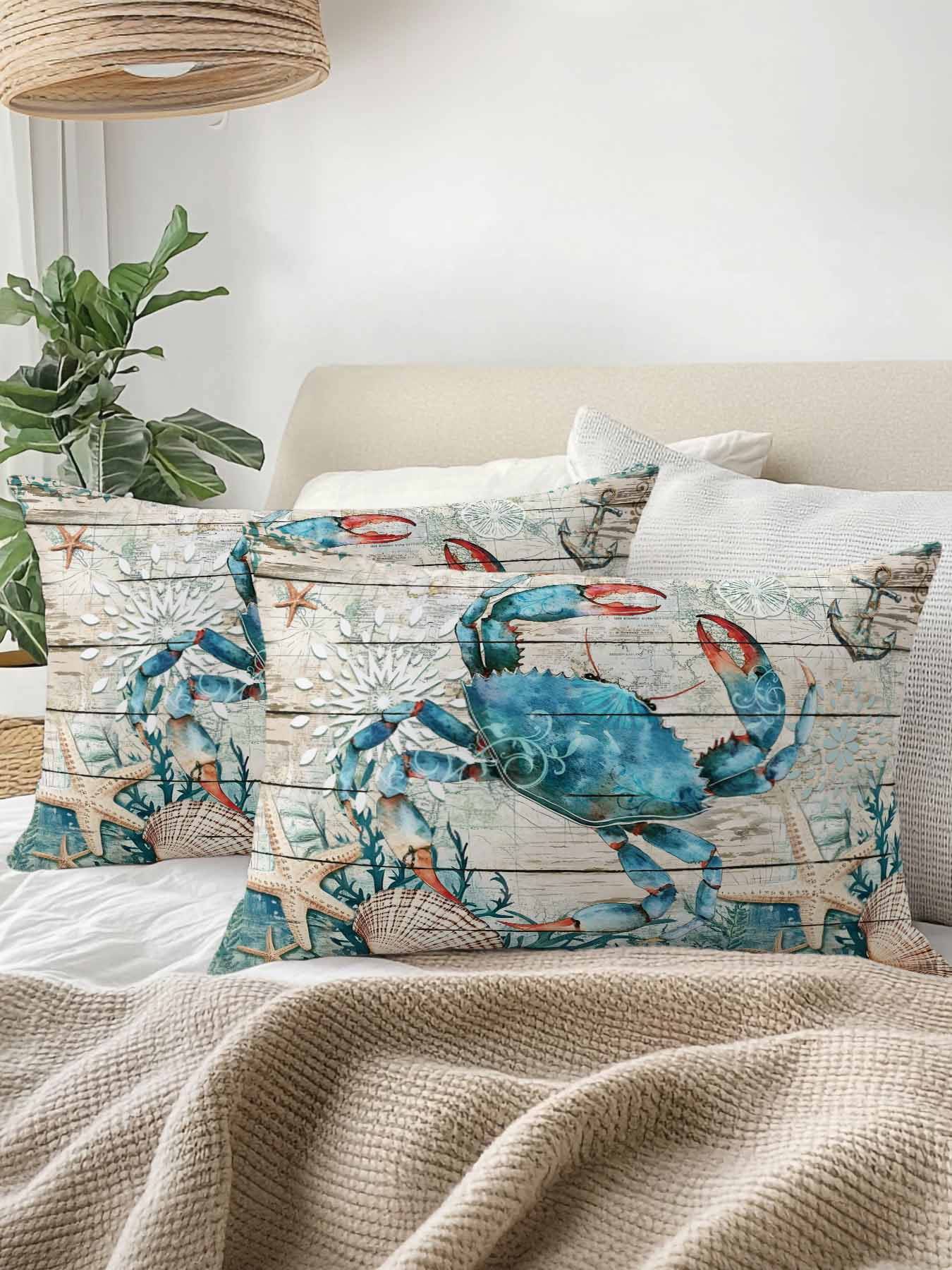 Outdoor Pillows Waterproof, Teal Crab Coastal Bedding Throw Pillows with Insert for Couch Sofa Bed, Summer Beach Nautical Starfish Retro 12x20 Inch Pillowcases Decorative Patio Pillow Set of 1