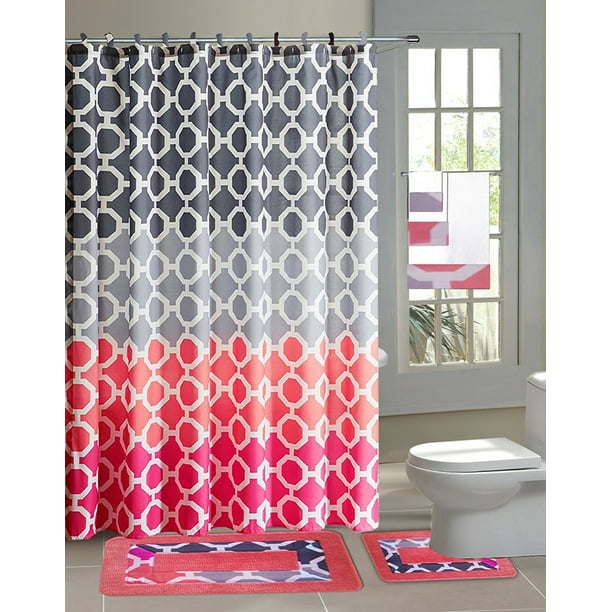 Bathroom Accessory Set 2 Bath Mats, Red And Gray Shower Curtain Sets