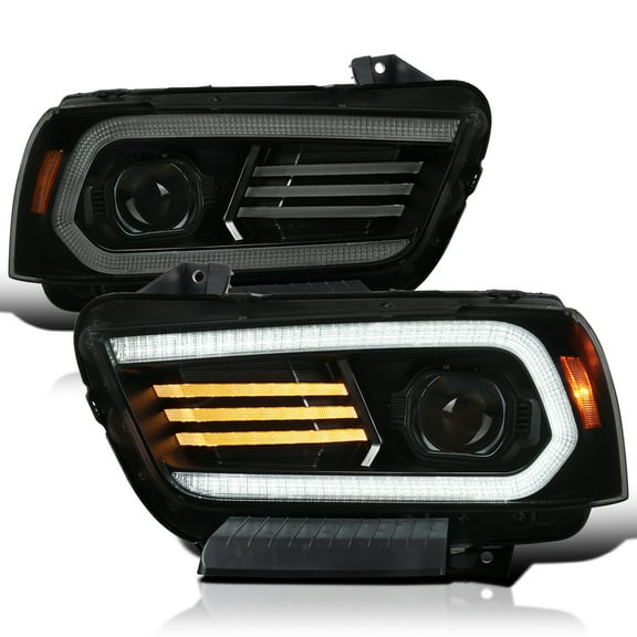 Spec-D Tuning Black Smoke Projector Headlights w/ Sequential Turn Signal and Dynamic LED DRL with Startup Animation Compatible with 2011-2014 Dodge Charger, Left Right Headlamp Assembly