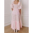 thumbnail image 4 of Pink Boho Floral Print Square Neck Puff Sleeve A-Line Tiered Maxi Dress With Smocked Waist, 4 of 8