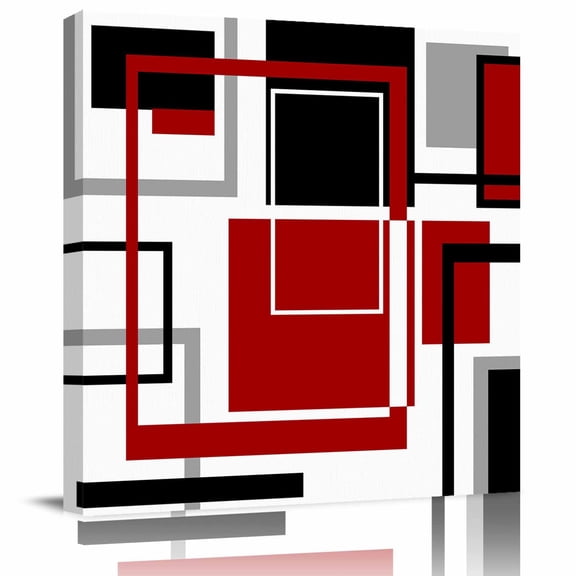 Framed Canvas Wall Art for Living Room Red Geometric Wall Decor, Black Abstract Lines Aesthetic Paintings for Bedroom Office Kitchen Bathroom, Ready to Hang Artwork Wall Pictures 8x8 Inch
