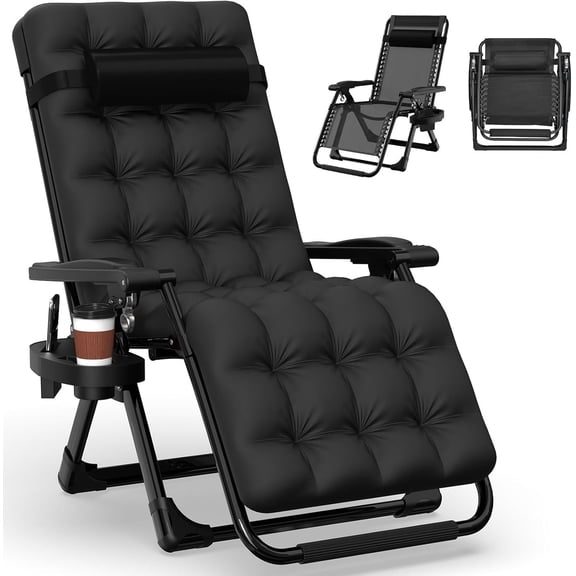DKMOCO Zero Gravity Chair with Removable Cushion and Cup Holder,Folding Recliner Lounge Chair for Indoor and Outdoor,440 LBS Capacity (Black)