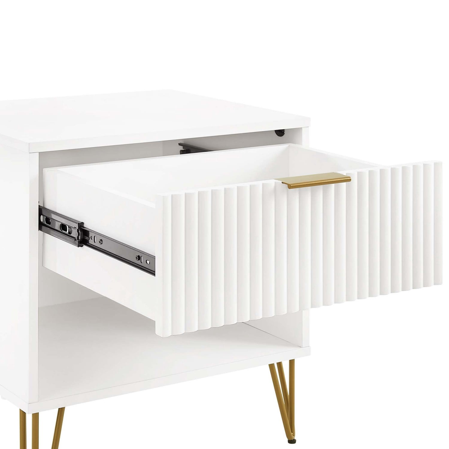 Nightstand, Modern Glam Bedside Table with 1 Drawer, Vertical Ribbed Texture, Gold Handle and Splayed Metal Legs, Storage End Table for Bedroom Living Room, White