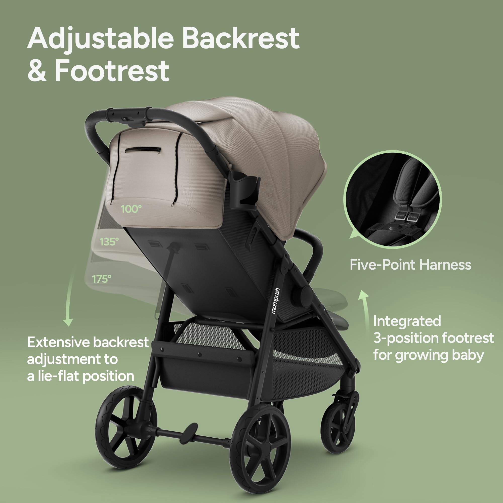 Mompush Nova Baby Stroller, Spacious Seat, Extra-Large UPF 50+ Canopy, Khaki, 22LB, Unisex
