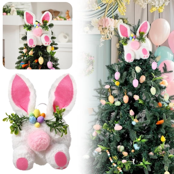 Easter Bunny Tree Topper Decoration, Spring Plush Rabbit Easter Basket Stuffer, Hang White Bunny Tree Topper Ornaments for Holiday Party Supplies Decor, 1 Pcs, 11.02x7.87"