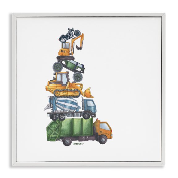 Stupell Industries Contemporary Balancing Trucks Construction Vehicles Stacked Automobiles White Framed Giclee Art, 17 x 17, by Dishique