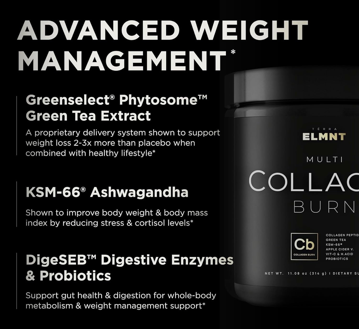 ELMNT Super Collagen Burn - Multi Collagen Peptides Powder for Women w. Apple C Vinegar (Unflavored)