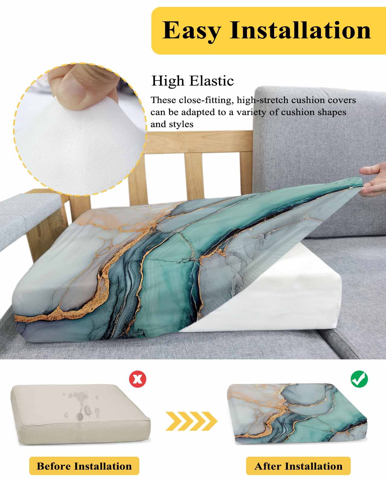 Blue Teal Marble Couch Cushion Covers, Stretch Seat Cushion Covers for Sectional Sofa, Modern Ink Painting Abstract Individual Sofa&nbsp;Slipcovers Furniture Protector with Elastic&Straps Small 1Pcs