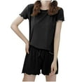 thumbnail image 3 of Ahuyic Womens Summer Casual Outfit Set,Womens Plus Size Outfit,Women Casual Knitted Streak Round Neck Short Sleeve Shorts Home Set, 3 of 5