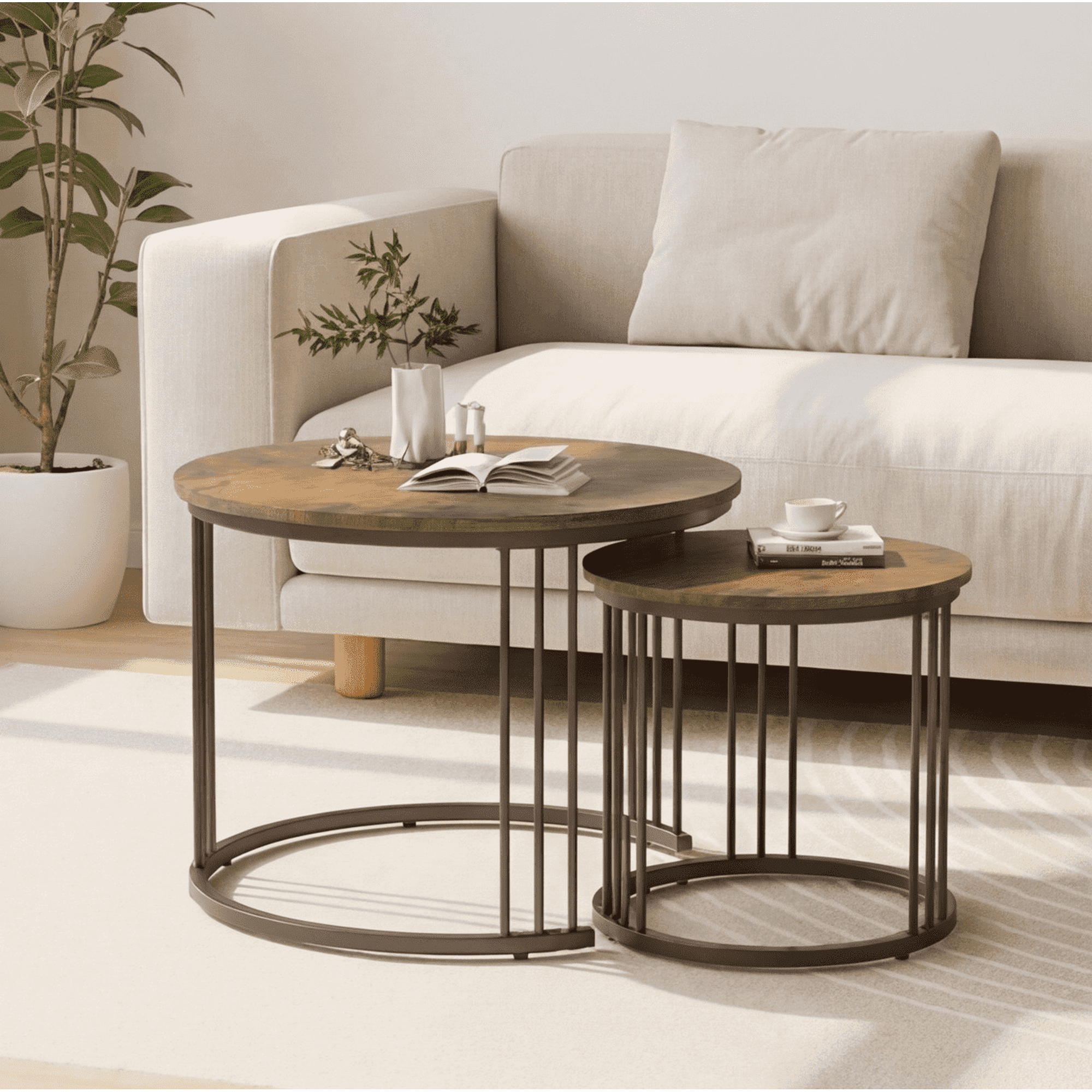 Nesting Coffee Table,23.6" Round Wooden Table with Metal Frame, Modern Center Tables for Living Room Bedroom Balcony