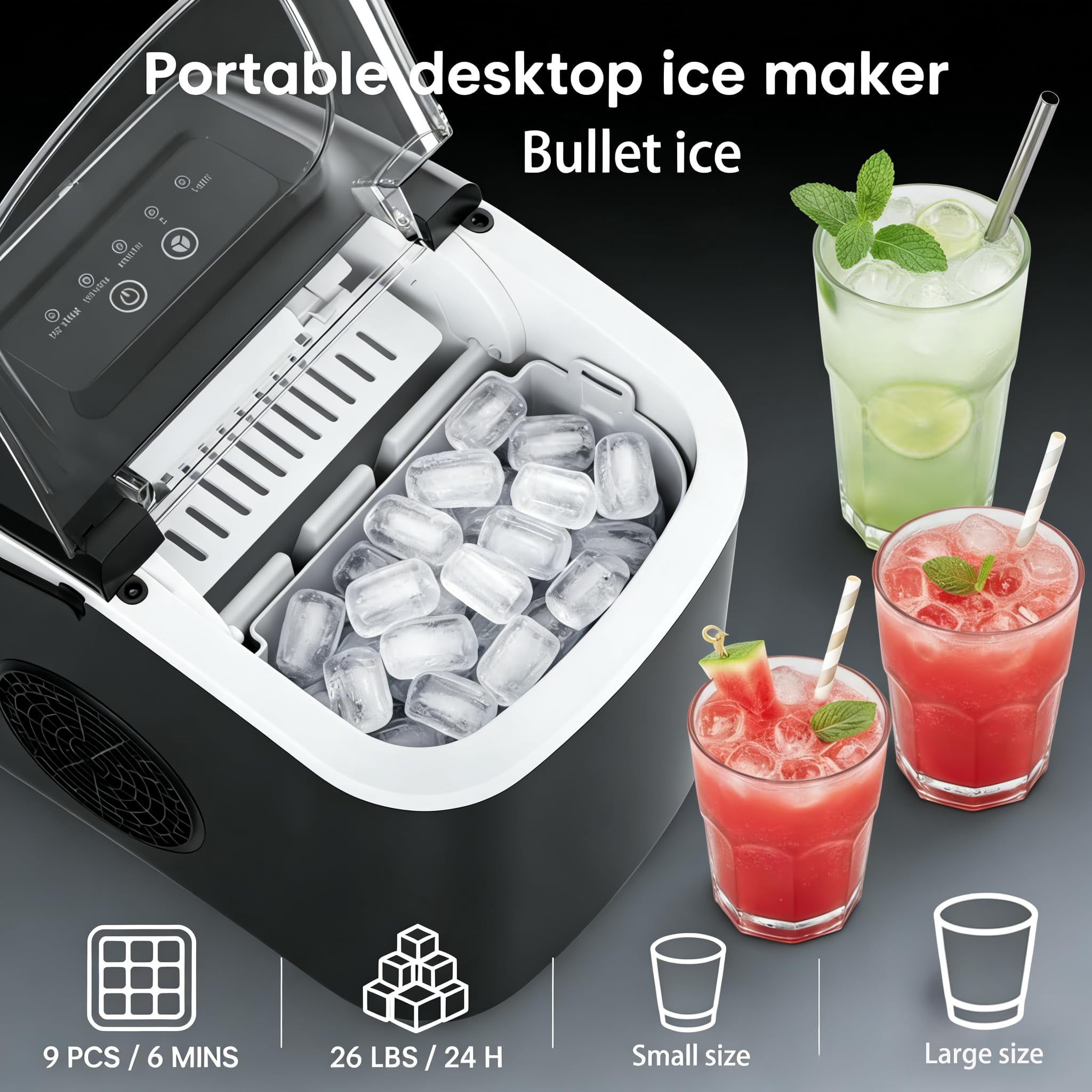 Countertop Ice Maker with Handle, Small Portable Self-Cleaning Ice Machine with Basket and Scoop， 26lbs/24H, 9 Ice Cubes in 6 Mins, for Home, Kitchen, Parties, Camping