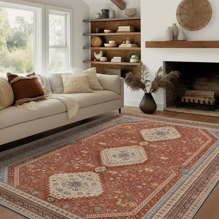 KUETH 8x10 Area Rug Living Room Clearance Non Slip Indoor Vogue Area Rugs Low Pile Chenille Large Print Mat for Bedroom Dining Room Home Office and Hall Red