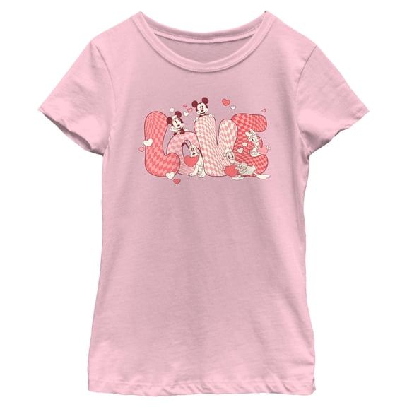 Girls Mickey & Friends Checkered Love Hearts T Shirt