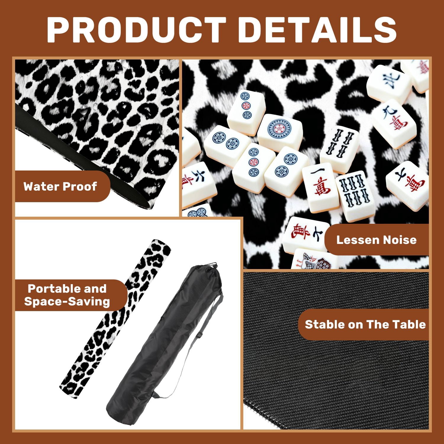 Mahjong Mat 31.5" x 31.5" leopard repeating seamless monochrome black white Non-Slip Noise Reduction American Mahjong Tiles Table Cover for Dominoes Poker Card Board Games Gift