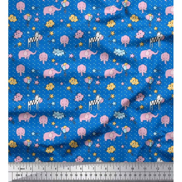Soimoi Rayon Fabric Cloud,Star & Cute Elephant Kids Decor Fabric Printed Yard 42 Inch Wide