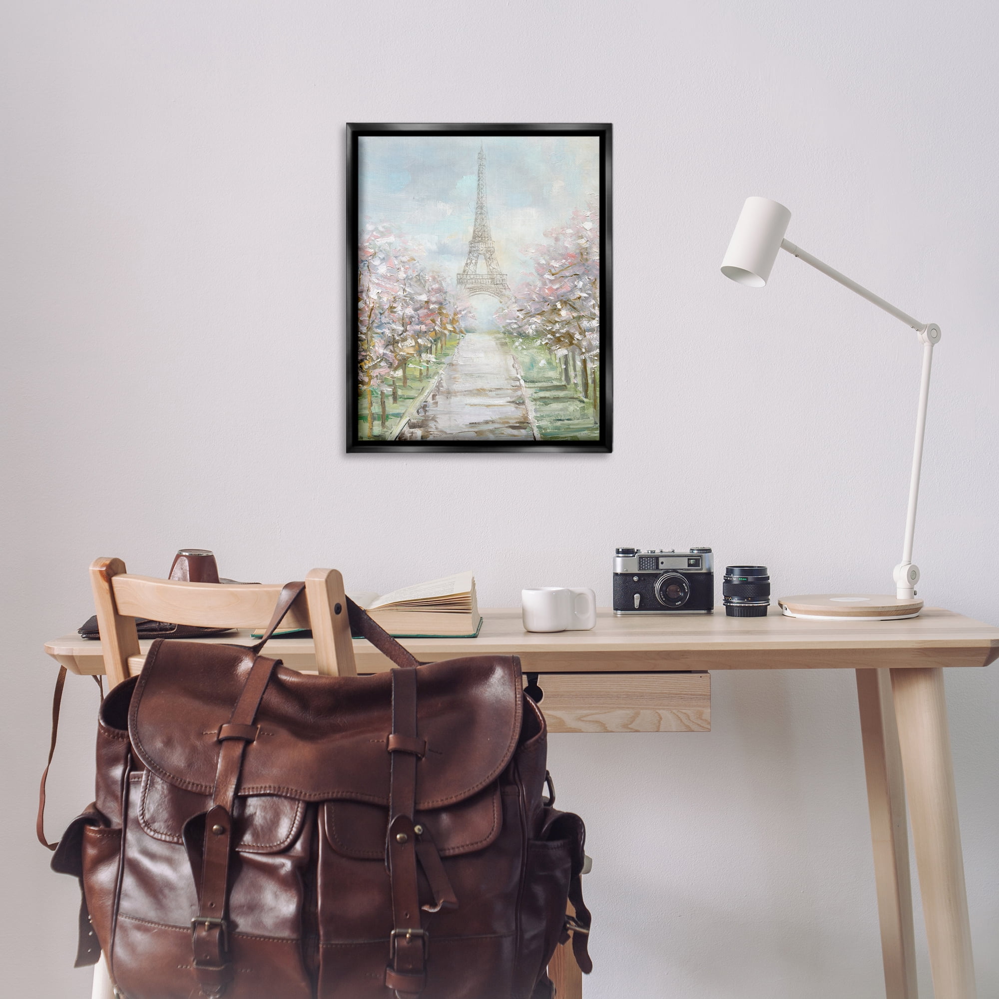 Stupell Industries Eiffel Tower & Tree Grove Scenic & Cityscapes Painting Black Floater Framed Canvas Art Print Wall Art, 25 x 31