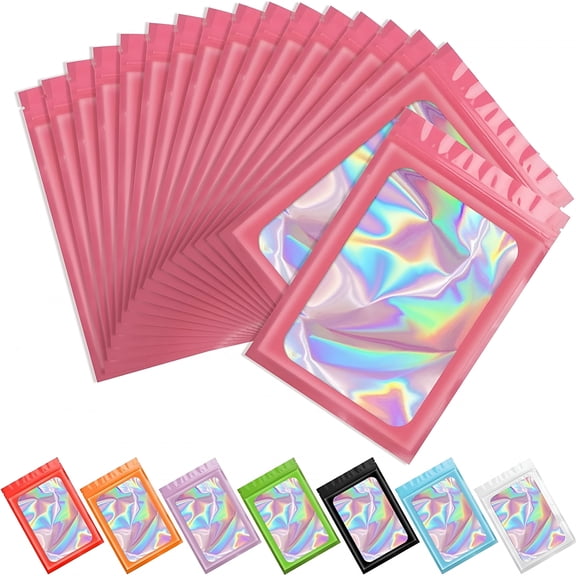 CCOCC 100Pcs Mylar Bags,Holographic Bags,Baggies,Cute Small Plastic Bags,Resealable Sweet Pouches,Wax Melt Bags,Sample Bags for Lipgloss,Jewelry,Eyelash,Small Business (Pink,4*6inch)