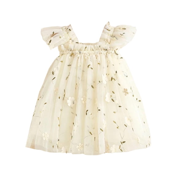 Lullu Girls Floral Embroidery Tulle Dress Flutter Sleeve Party Princess Dress, Sizes 1-6